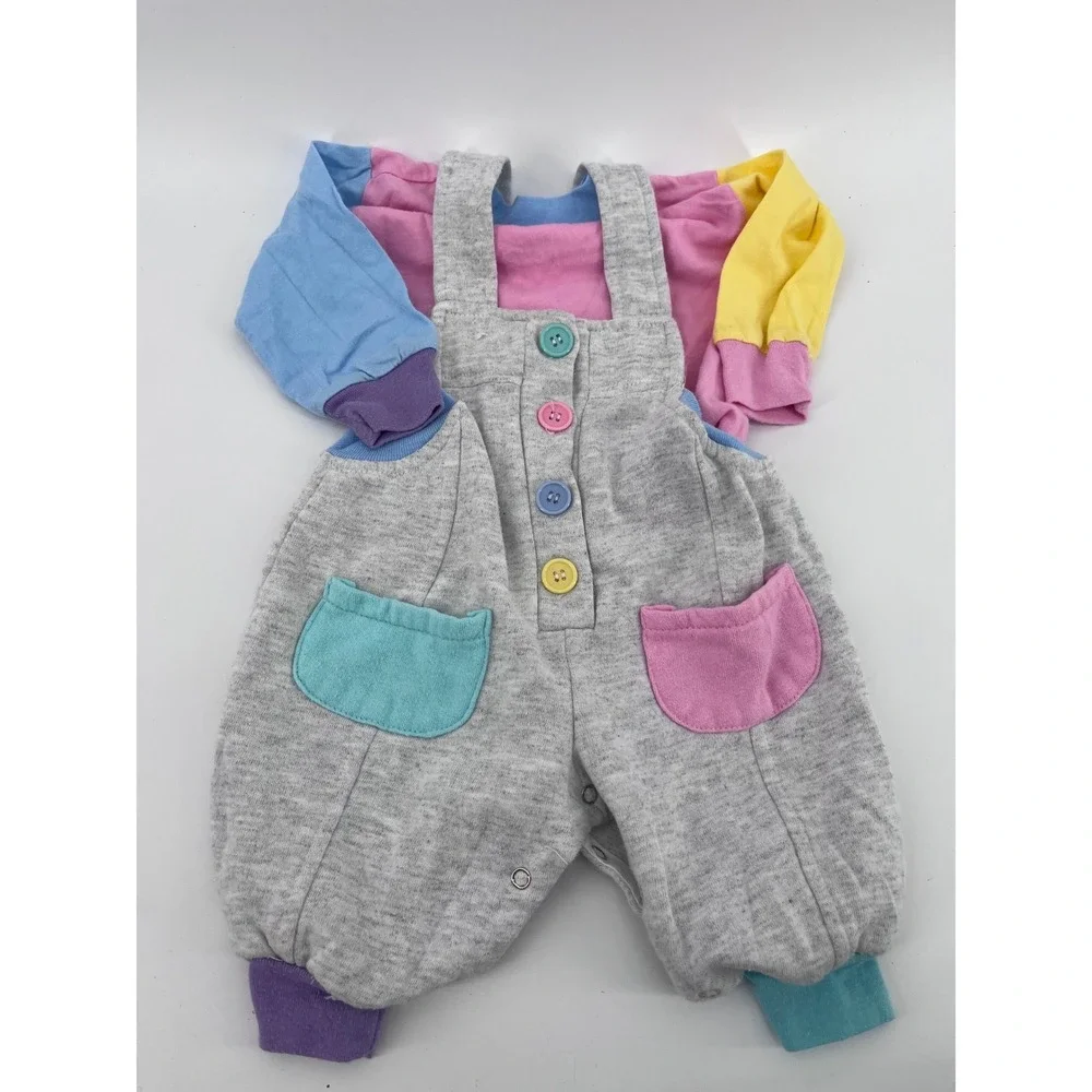 Vintage 90's Colorblock 2 Piece Overalls and Shirt Set Gray Pink 9M  Retro
